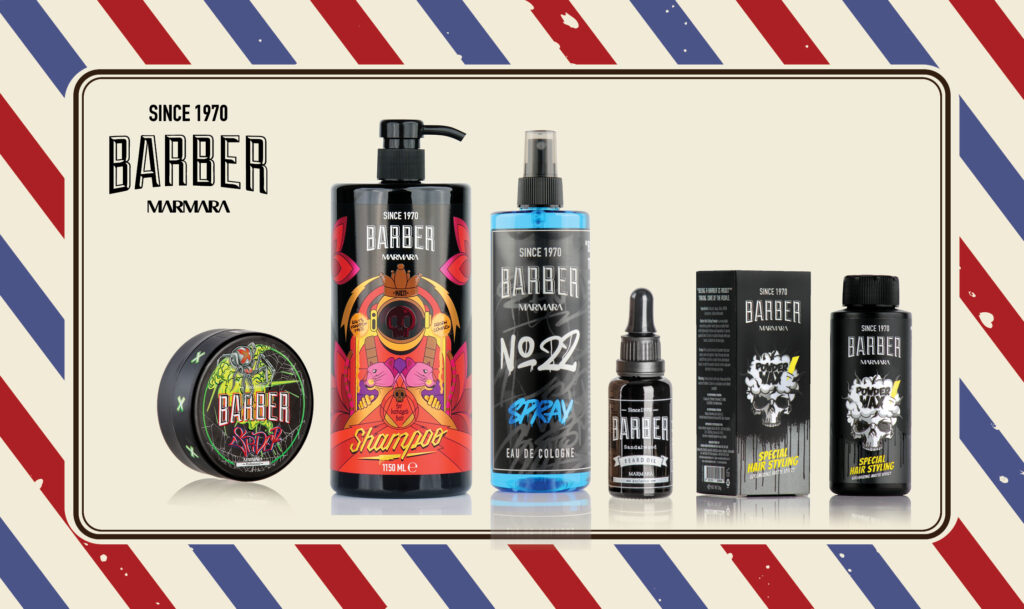 Marmara Barber izdvojeni proizvodi: SPIDER vlaknasta krema za kosu, Ulje za bradu od sandalovine, Kolonjska voda u spreju No.22, Šampon za kosu Argan, Puder za volumen kose “Revenge”.