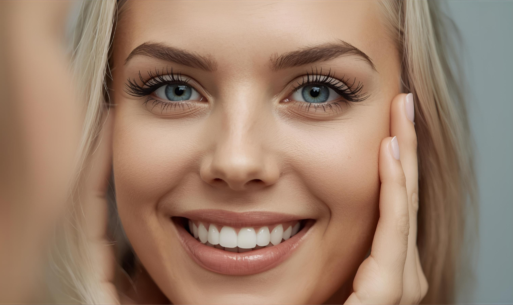 Oduševljena devojka koja se gleda u ogledalo i nosi veštačke trepavice