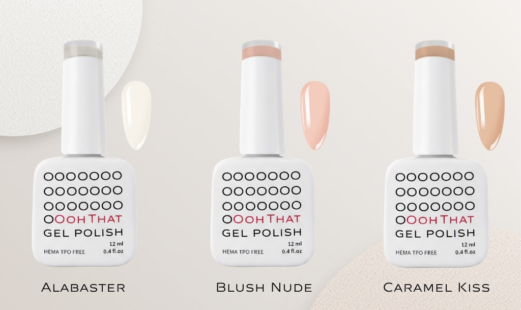 Ooh That gel lak Alabaster, Ooh That gel lak Blush Nude, Ooh That gel lak Caramel Kiss, gel polish, HEMA i TPO free