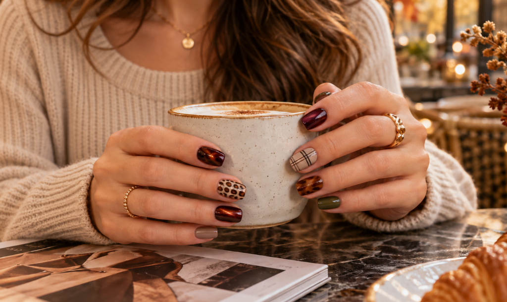 Jesenji manikir 2026. uz nail art: karo, animal print i cat eye detalji